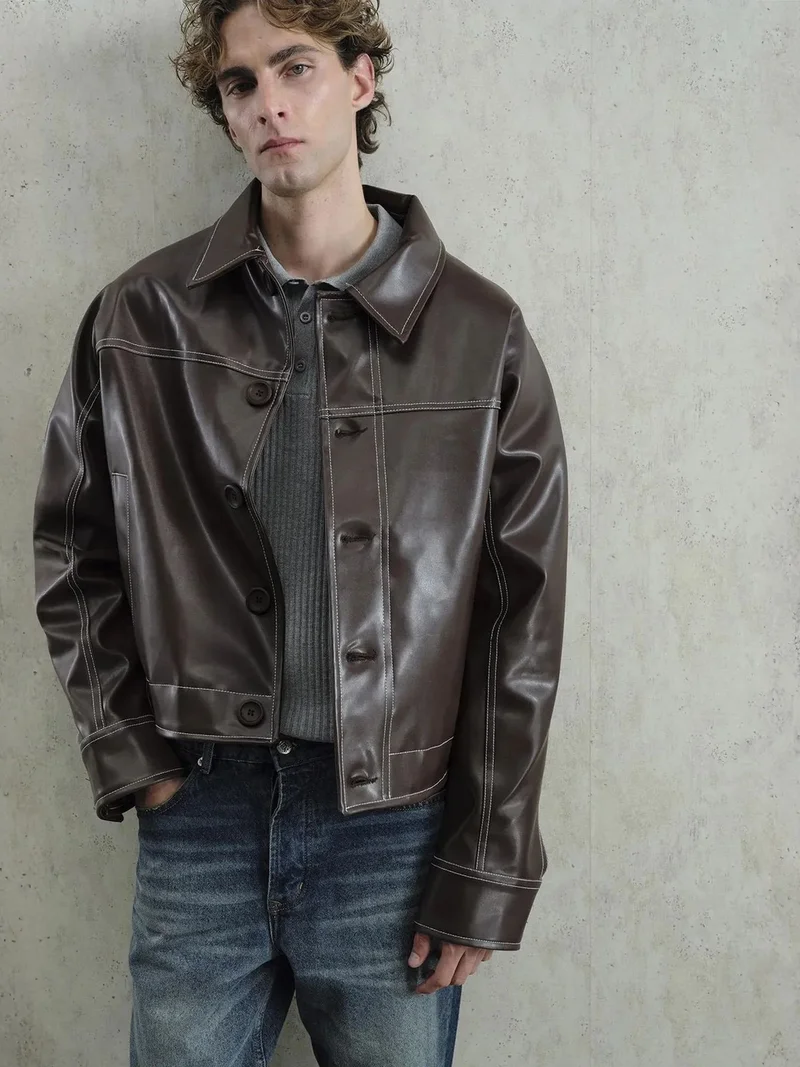 Giesto Mocha Brown GIESTO Faux Leather Relaxed Fit Buttoned Jacket for Men | Best Price UAE